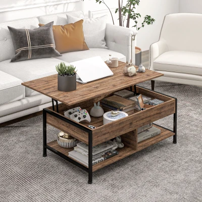 HOMCOM Mesa de Centro Elevável Mesa de Sala Compartimento Oculto 2 Prateleiras Inferiores 100x80x60 cm Marrom Rústico Preto
