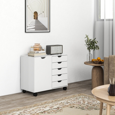 HOMCOM Móvel de Arrumação para Escritório 5 Gavetas 1 Porta Prateleira Ajustável Suporte Impressora Rodízios 78x40x66,5 cm Branco