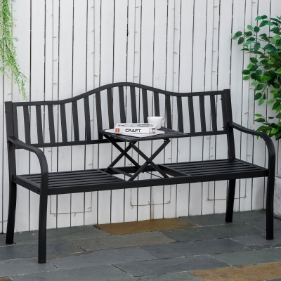 Outsunny Banco de Jardim de 2 Lugares Mesa Extensível Banco de Assento Max.240 Kg Encosto e descansos de Braço 150x58,5x90 cm Preto