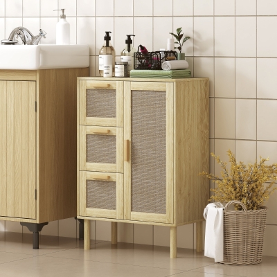 HOMCOM Armário Meuble de Rangement Estilo Boêmio com 3 Gavetas e 3 Prateleiras Frente de Vime Trançada Compacto 55x30x82 cm
