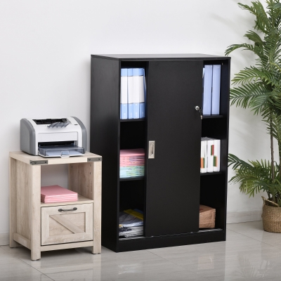 HOMCOM Armário de Escritório 2 Portas de Correr com Fechadura 80x40x120 cm 2 Prateleiras Painéis de Partículas Preto