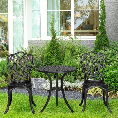 Outsunny Conjunto de Móveis de Jardim 2 Lugares 2 Cadeiras Mesa Redonda Estilo Charme Retrô em Alumínio Fundido Preto