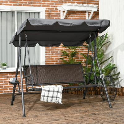 Outsunny Baloiço de Jardim 3 Lugares com Telhado de Inclinação Ajustável e Porta Copos e Bandejas de Assento Ergonómico