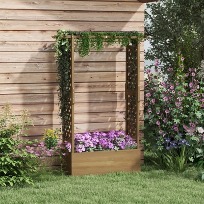 Outsunny Jardineira com Treliça e Arco Vaso de Flores com Furo de Drenagem para Planta Trepadeira 112x41x180 cm Marrom