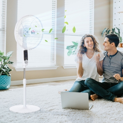 HOMCOM Ventoinha de Pedestal Ajustável em Altura Oscilante 85° 3 Velocidades 50 W com LED Controlo Remoto Temporizador Ø 42 cm Branco