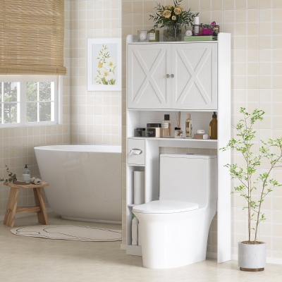 HOMCOM Móvel WC Acima Do Vaso Sanitário com Armário de Portas de Celeiro Prateleira Ajustável Compartimentos e Porta Papel Branco