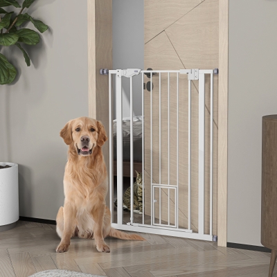 Pawhut Barreira de Segurança para Animais de 104 cm de Altura Porta de Fecho Automático e Sistema de Duplo Travamento Sem Perfuração