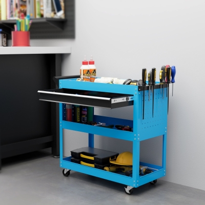 DURHAND Carrinho de Ferramentas Servente de Oficina de 3 Níveis com Gaveta Painel Lateral para Ferramentas e Alça 82x35x76 cm Azul