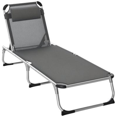 Outsunny Tumbona Plegable Reclinable de Aluminio con Reposacabezas Extraíble y Respaldo Transpirable Ajustable en 4 Posiciones para Jardín Terraza Camping Exterior 165x60x76 cm Gris
