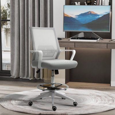 Vinsetto Cadeira de Escritório Alta com Assento Ajustável 64x59x104-124 cm Banco Giratório 360° Malha Respirável Cinza e Branco