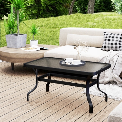 Outsunny Mesa de Café de Jardim Mesa de Apoio de Pátio com Tampo de Vidro Temperado estilo Ondulado 95x55x46 cm Preto