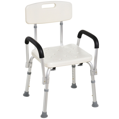 HOMCOM Silla de Ducha para Personas Mayores con Respaldo Altura Regulable Antideslizante y Apoyabrazos Carga 136 kg