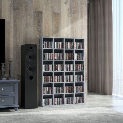 HOMCOM Móvel de Armazenamento Multimídia 480 CD/ 312 DVD Biblioteca em Madeira com Prateleiras Ajustáveis 89x130,5 cm Cinza