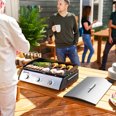 Outsunny Plancha a Gás 3 Queimadores 7,5 kW Superfície de Cozimento 61x35,5 cm com Tampa Gás Liquefeito/Propano 63x47x25 cm Preto