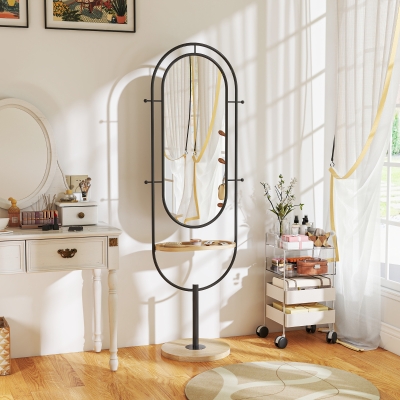 HOMCOM Espelho de Corpo Inteiro Oval com Tampo de Madeira 4 Ganchos e Moldura de Metal 50x40x175,5 cm Preto