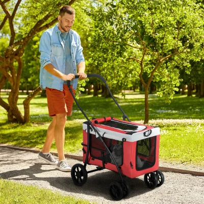 Pawhut Carrinho para Cães de Pequeno e Mini com 2 Guias e Bolsa Porta Objetos 81x58x97,5 cm