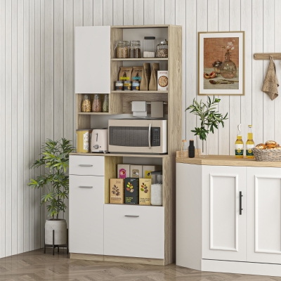 HOMCOM Armário de Cozinha Alto Móvel de Armazenamento Moderno com Prateleiras Ajustáveis Gaveta Branco e Aspecto de Madeira