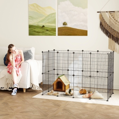 Pawhut Cercado para Animais Parque para Pequenos Animais Modulável 24 Painéis para Coelhos de Aço 120x60x80 cm Preto