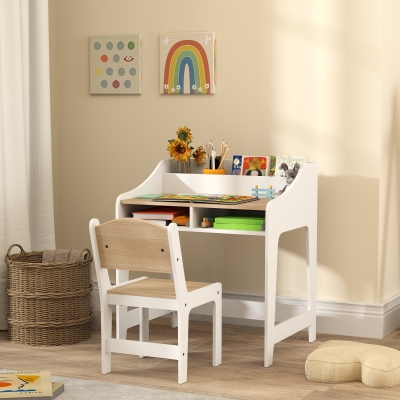 Aiyaplay Conjunto de Mesa e Cadeira para Crianças de 3-8 Anos com Compartimentos e Prateleiras Abertas Efeito Madeira Natural