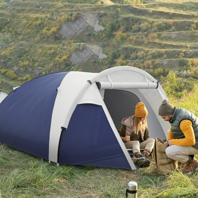 Outsunny Tenda de Camping 3/4 Pessoas Cúpula Leve Ventilada com Portas com Zíper 320x240x130 cm Azul Escuro Cinza Claro