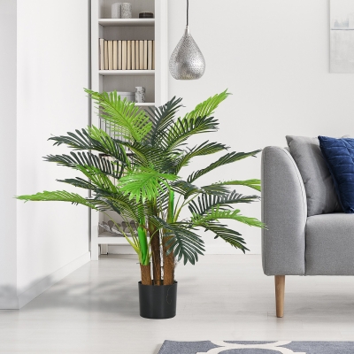 HOMCOM Palmeira Artificial 1 m Ramos Realistas Planta de decoração Plástico com Vaso Marrom Verde