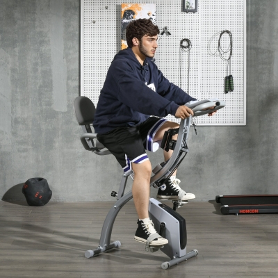 HOMCOM Bicicleta Ergométrica Dobrável 8 Níveis de Resistência Magnética Encosto Selim Ajustável Alças Ergonômicas Preto Cinza