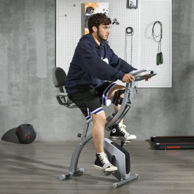 HOMCOM Bicicleta Ergométrica Dobrável 8 Níveis de Resistência Magnética Encosto Selim Ajustável Alças Ergonômicas Preto Cinza