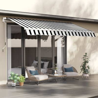 Outsunny Marquise de Protection Solar Retrátil com Manivela Estrutura Metálica Tecido de Poliéster Azul Branco 3,95x2,45x3,50 m