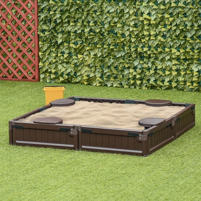Outsunny Sandkasten com Abdeckplane & Bodenplane estilo Modular 4 Assentos 1,23x1,23 m Castanho