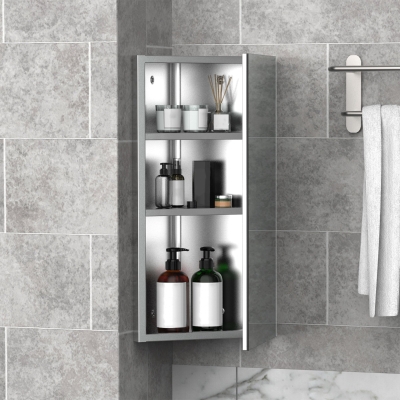 HOMCOM Armário de Canto para Banheiro em Aço com Porta de Espelho Fecho Magnético 3 Prateleiras Economizador de Espaço 60x30x18,4 cm