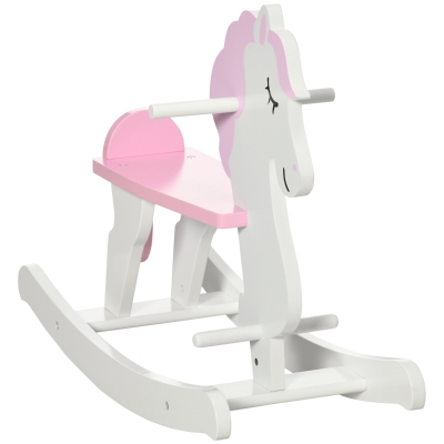 HOMCOM Caballito Balancín para Niños de 1-3 Años de Madera con Manillar y Pedales Carga 50 kg 68x27x46,5cm Blanco y Rosa