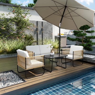 Outsunny Sala de Jardim 4 Peças com Sofá de 2 Lugares 2 Cadeirões 1 Mesa de Centro em Vidro e Almofadas Creme Branco