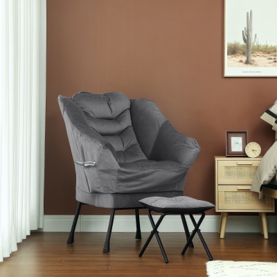 HOMCOM Poltrona Moderna com Apoio para Os Pés e 2 Bolsos Laterais em Tecido Aveludado e Aço 80x78x100 cm Cinza