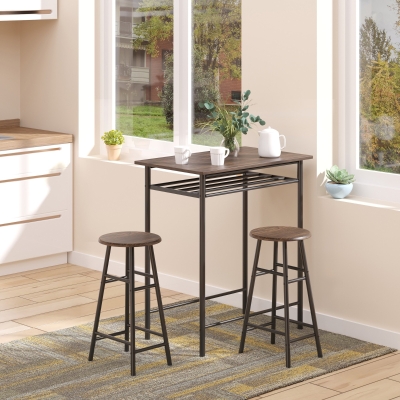 HOMCOM Conjunto Mesa de Bar estilo Industrial 2 Bancos MDF Imitação Madeira Nogueira Metal Preto