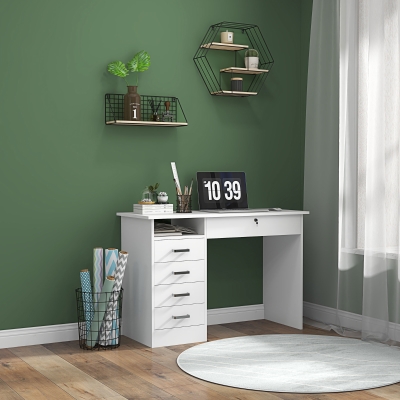HOMCOM Secretária Moderna com 5 Gavetas Tampo Amplo 1 Compartimento Aberto Gaveta com Fechadura 110x50x76 cm Branco