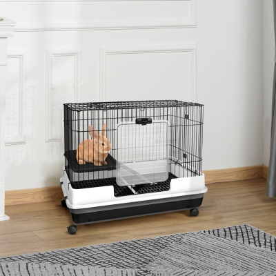 Pawhut Gaiola para Coelhos e Porquinhos da Índia em Metal Preto com 2 Portas e Bandeja Removível 81,2x52,7x70 cm