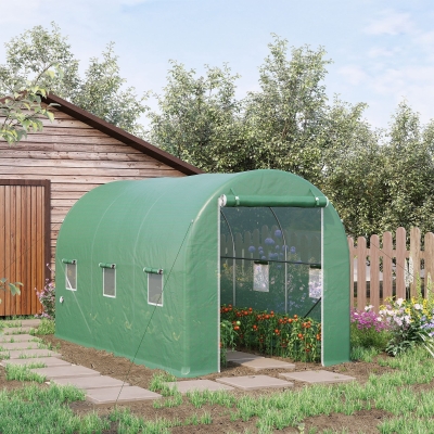 Outsunny Estufa de Jardim em Formato de Túnel Área 8 ㎡ 4x2x2,05 m Estrutura Tubular Reforçada Porta Zíper 6 Janelas Enroláveis Verd