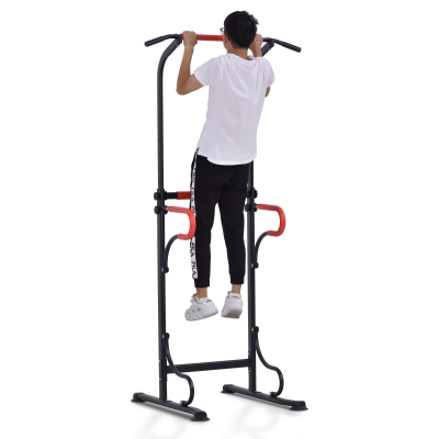 HOMCOM Barra de Tração Power Tower Estação de Fitness Multifuncional com Altura Ajustável 171-219 cm Preto Vermelho