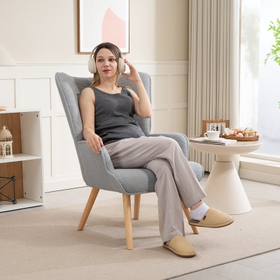 HOMCOM Poltrona de Sala em Tecido Bouclette Poltrona Capitonê e Acolchoada com Pés em Madeira 71x74x96 cm Cinza Claro