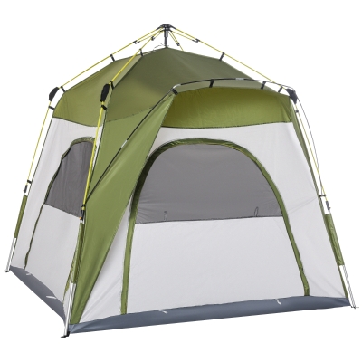 Outsunny Tenda de Campismo Familiar para 4 Impermeável Ventilação 4 Janelas Pop-Up2,4x2,4x1,99 m Fibra de Vidro Poliéster Verde Cinza