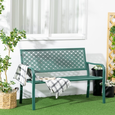 Outsunny Banco de Jardim Banco Exterior de Jardim em Aço com Encosto com Motivo Floral para 2 Pessoas 127x63x83 cm Verde Escuro