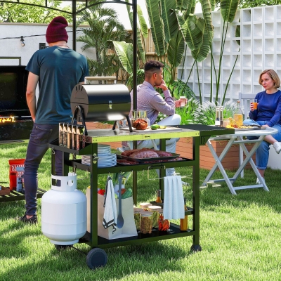 Outsunny Carrinho para Churrasco Plancha com Tabuleiro de Inox Multi Equipamentos 6 Ganchos Prateleira Rebatível 2 Rodas