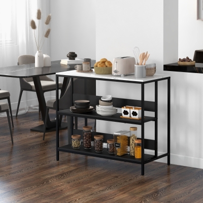 HOMCOM Ilha de Cozinha 2 Prateleiras de Estilo Moderno em Aço Preto e Tampo MDF Aspecto Mármore 100x50x90 cm Preto