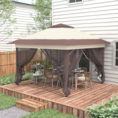 Outsunny Tenda Pavilhão de Jardim Pop-Up Dobrável Metal Poliéster Mosquiteiros Saco de Transporte com Rodas Kaki Marrom