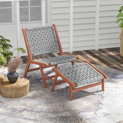 Outsunny Cadeira de Jardim com Apoio para Pés Cadeira de Relaxamento em Madeira de Acácia e Corda de Ratã Natural Cinza