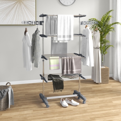 HOMCOM Varal de Roupas Dobrável com Barbatanas Laterais para Uso Interno e Externo 142x55x172 cm 4 Níveis Cinza