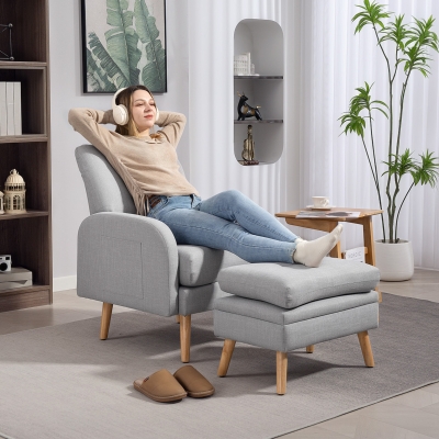 HOMCOM Poltrona de Relaxamento com Apoio para Os Pés Poltrona TV com Almofadas em Tecido de Linho 68,5x73,5x90 cm Cinza Claro