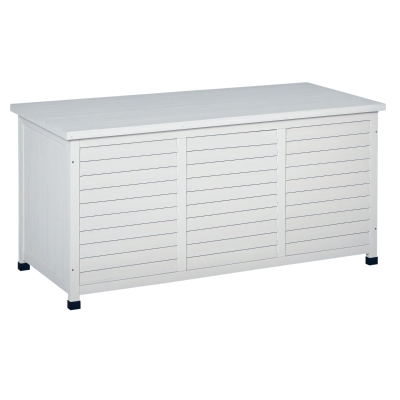 Outsunny Baúl de Almacenaje Exterior 284L Arcón de Jardín de Madera Impermeable con Tapa Abrible y Diseño Persiana 127x56x60 cm Blanco