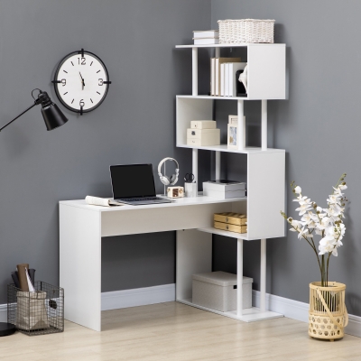 HOMCOM Secretária de Canto Secretária de Computador em Forma de L com Prateleiras de 4 Níveis em Madeira 120x80x176 cm Branco