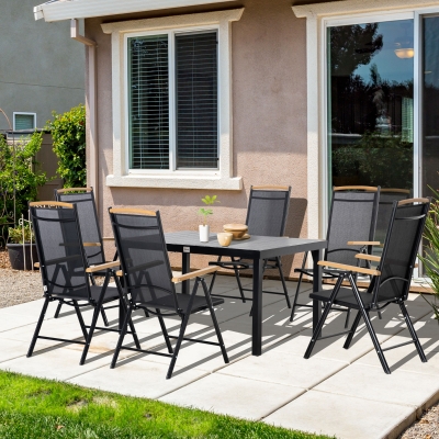Outsunny Mobiliário de Jardim Exterior para 6 Pessoas Estrutura em Alumínio Mesa 140 cm 6 Cadeiras Dobráveis e Reclináveis Preto
